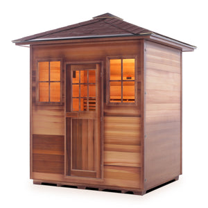 Enlighten sauna SaunaTerra Dry Traditional MoonLight 4 Person Outdoor Sauna Canadian Red Cedar Wood Outside And Inside Double Roof ( Flat Roof + peak roof) isometric view