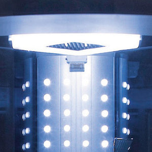 Mesa WS-302A Corner Steam Shower - Blue Glass with rainfall shower head and a fluorescent blue mood lighting