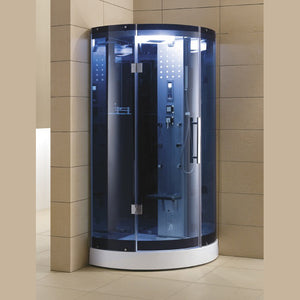 Mesa WS-302A Corner Steam Shower stylish curved blue-tinted glass all around with a heavy-duty hinged door and chrome exterior and interior accents with a fold-down seat, storage shelves, FM Radio Built-In, adjustable handheld shower head and a fluorescent blue mood lighting