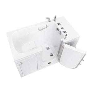 Ella Capri 30"x52" Soaking + Heat Walk-In Bathtub with Right Swing Door, 5 Piece Fast Fill Faucet, 2" Dual Drain, 2 overflows, two 5 ft. incoming supply lines and 2 drain elbows, 2 stainless steel grab bars in a white background.