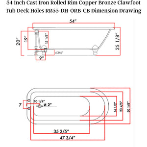 Cambridge Plumbing 55" X 30" Faux Copper Bronze Finish on Exterior Cast Iron Clawfoot Bathtub - Dimension Drawing - Vital Hydrotherapy
