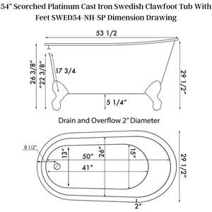 Cambridge Plumbing 54” Scorched Platinum Cast Iron Swedish Clawfoot Tub - Dimension Drawing - Vital Hydrotherapy