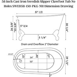 Cambridge Plumbing 58-Inch Swedish Slipper Cast Iron Clawfoot Tub Dimension Drawing