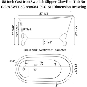 Cambridge Plumbing 58-Inch Swedish Slipper Cast Iron Clawfoot Tub - Dimension Drawing - Vital Hydrotherapy
