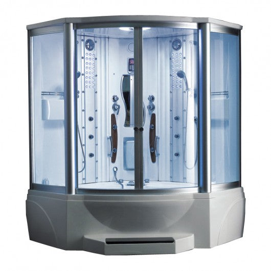 Mesa 608A Steam Shower sliding glass doors, storage shelves, 2 handheld shower wands, fluorescent blue mood lighting and massage jets