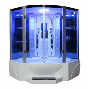 Mesa 608P Steam Shower blue-tinted glass and heavy-duty hinged doors with 2 adjustable handheld shower wands, storage shelves and a fluorescent blue mood lighting