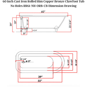 Cambridge Plumbing 61" X 30" Faux Copper Bronze Finish on Exterior Cast Iron Clawfoot Bathtub - Dimension Drawing - Vital Hydrotherapy