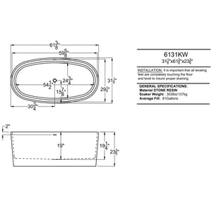 Atlantis Whirlpools Kurow 32 x 62 Artificial Stone Freestanding Bathtub 6131KWSXCWXX Dimension Drawing - Vital Hydrotherapy
