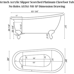 Cambridge Plumbing Slipper Hand Painted Scorched Platinum Acrylic Bathtub - Dimension Drawing - Vital Hydrotherapy