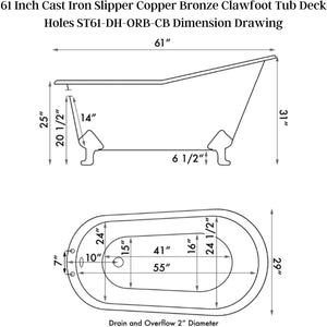 Cambridge Plumbing 61" X 30" Faux Copper Bronze Finish on Exterior Cast Iron Clawfoot Bathtub - Dimension Drawing - Vital Hydrotherapy