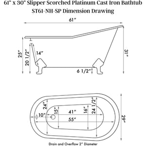 Cambridge Plumbing 61” x 30” Slipper Scorched Platinum Cast Iron Bathtub - Dimension Drawing - Vital Hydrotherapy