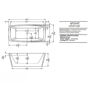 Atlantis Whirlpools Antione 32 x 67 Rectangle Acrylic Freestanding Soaking Bathtub 6731ATSXCWXX Dimension Drawing - Vital Hydrotherapy