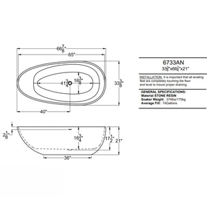 Atlantis Whirlpools Arnaud 34 x 67 Artificial Stone Freestanding Bathtub 6733ANSXCWXX Dimension Drawing - Vital Hydrotherapy