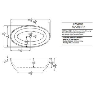 Atlantis Whirlpools Marquis 37 x 67 Artificial Stone Freestanding Bathtub 6736MQSXCWXX Dimension Drawing - Vital Hydrotherapy