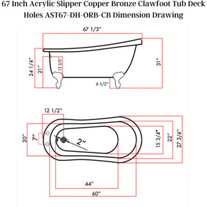 Cambridge Plumbing Slipper Hand Painted Copper Bronze Acrylic Clawfoot Bathtub - Dimension Drawing - Vital Hydrotherapy