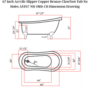 Cambridge Plumbing Slipper Hand Painted Copper Bronze Acrylic Clawfoot Bathtub - Dimension Drawing - Vital Hydrotherapy