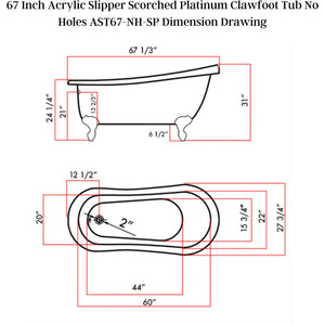 Cambridge Plumbing Hand Painted Scorched Platinum Acrylic Slipper Bathtub - Dimension Drawing - Vital Hydrotherapy