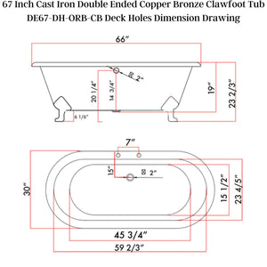 Cambridge Plumbing 67”x30" Faux Copper Bronze Finish on Exterior Cast Iron Clawfoot Bathtub - Dimension Drawing - Vital Hydrotherapy