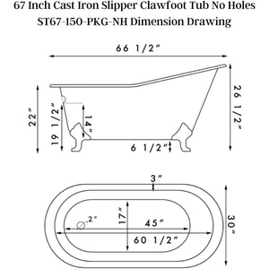 Cambridge Plumbing 67-Inch Slipper Cast Iron Clawfoot Tub Dimension Drawing