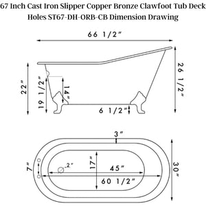 Cambridge Plumbing 67" X 30" Faux Copper Bronze Finish on Exterior Cast Iron Clawfoot Bathtub - Dimension Drawing - Vital Hydrotherapy