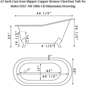Cambridge Plumbing 67" X 30" Faux Copper Bronze Finish on Exterior Cast Iron Clawfoot Bathtub - Dimension Drawing - Vital Hydrotherapy