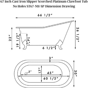Cambridge Plumbing 67” x 30” Slipper Scorched Platinum Cast Iron Bathtub - Dimension Drawing - Vital Hydrotherapy