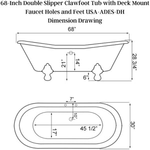 Cambridge Plumbing USA Quality 68-Inch Double Slipper Clawfoot Tub - Dimension Drawing - Vital Hydrotherapy