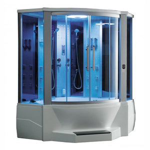Mesa 701A Blue Glass Steam Shower Tub Combo blue tinted glass with 2 adjustable handheld shower heads, massage jets, storage shelves and an overhead LED lighting,