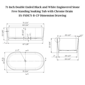 Cambridge Plumbing 71-Inch Double Ended Black and White Engineered Stone Free Standing Soaking Tub with Chrome Drain ES-FSDE71-B-CP Dimension Drawing