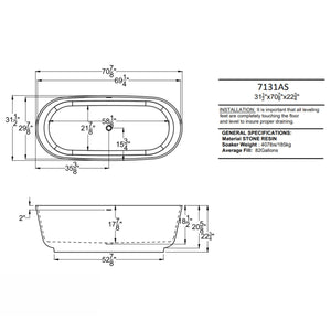 Atlantis Whirlpools Asaro 32 x 71 Oval Shape Artificial Stone Freestanding Bathtub 7131ASSXCWXX Dimension Drawing - Vital Hydrotherapy