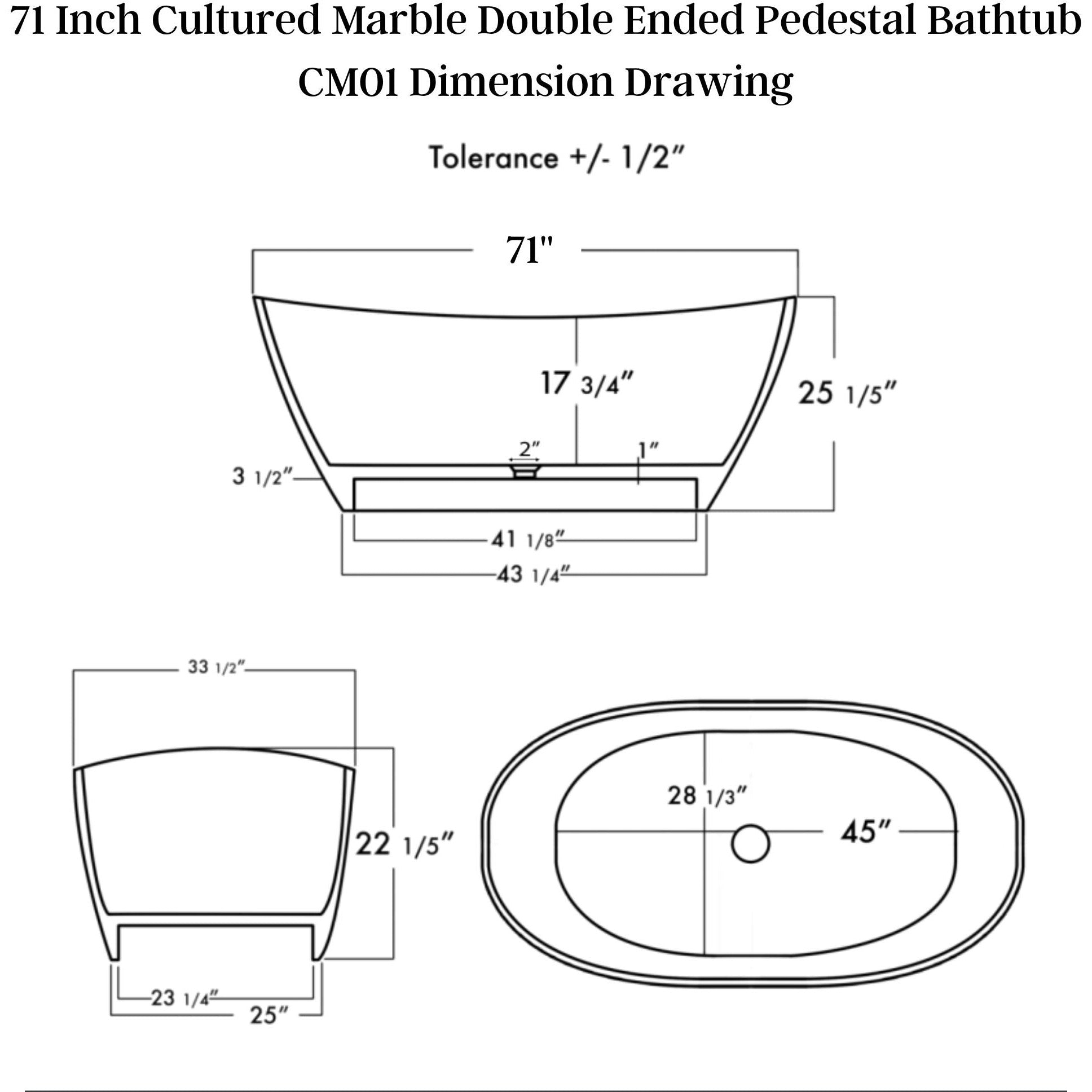 Cambridge Plumbing 71-Inch  Double Ended Cultured Marble Pedestal Tub CM01 - Top View - Vital Hydrotherapy