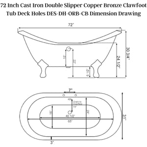 Cambridge Plumbing 71" X 30" Double Ended Cast Iron Slipper Clawfoot Tub - Dimension Drawing - Vital Hydrotherapy