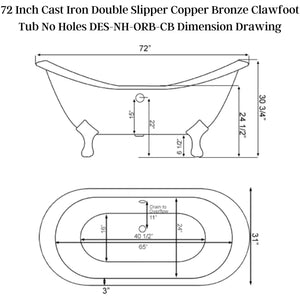 Cambridge Plumbing 71" X 30" Double Ended Cast Iron Slipper Clawfoot Tub - Dimension Drawing