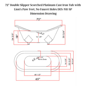 Cambridge Plumbing 71” Double Slipper Scorched Platinum Cast Iron Tub - Dimension Drawing - Vital Hydrotherapy
