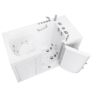 Ella Capri 30"x52" Acrylic Hydro + Air (Dual) Walk-In Bathtub with Right Swing Door, 5 Piece Fast Fill Faucet, 2" Dual Drain, 2 overflows, two 5 ft. incoming supply lines and 2 drain elbows, 2 stainless steel grab bars in a white background.