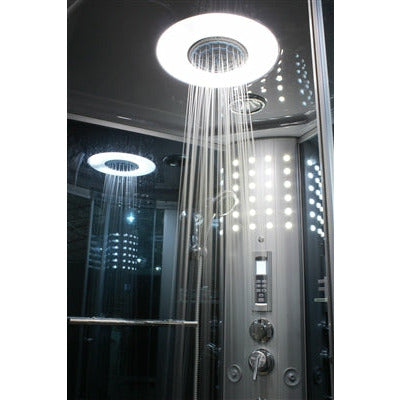 Mesa 9090K-Corner Clear Steam Shower clear curved tempered glass, nickel trim, and enclosed top with adjustable handheld shower head, FM Radio Built-In, fold-up center seat, and a storage shelves