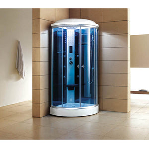 Mesa 9090K Corner Steam Shower tinted blue glass and a nickel interior control panel, chrome trim with a fold-up seat, adjustable handheld shower head, FM Radio Built-In, storage shelves and an overhead LED lighting located in corner