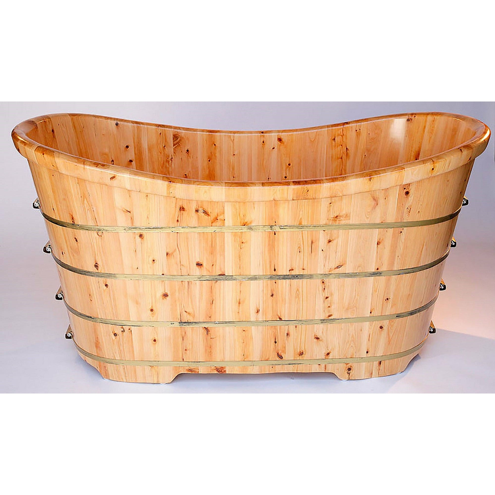 ALFI AB1105 63" Free Standing Cedar Wooden Bathtub - four electroplated iron wraps with black and gold paint - 2 person capacity in a white background