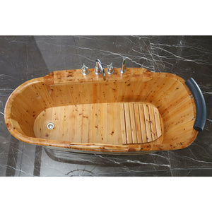 ALFI AB1136 61" Free Standing Cedar Wooden Bathtub with Chrome Tub Filler - three electroplated iron wraps with black and gold paint with polished chrome tub filler and handheld showerhead, headrest with chrome accents in the bathroom inside top view