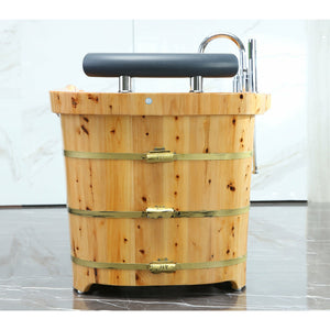 ALFI AB1136 61" Free Standing Cedar Wooden Bathtub with Chrome Tub Filler - three electroplated iron wraps with black and gold paint with polished chrome tub filler and handheld showerhead, headrest with chrome accents in the bathroom side view