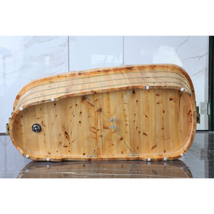 ALFI AB1136 61" Free Standing Cedar Wooden Bathtub with Chrome Tub Filler - three electroplated iron wraps with black and gold paint with polished chrome pop-up drain in the bathroom back bottom view