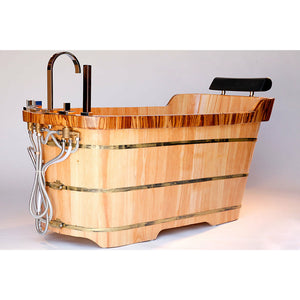 ALFI AB1148 59" Free Standing Wooden Bathtub - rubberwood, with zebra wood trim with chrome accents, three electroplated iron wraps with black and gold paint with Chrome Tub Filler, with padded headrest in a white background isometric view