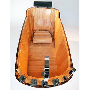 ALFI AB1148 59" Free Standing Wooden Bathtub - rubberwood, with zebra wood trim with chrome accents, three electroplated iron wraps with black and gold paint with Chrome Tub Filler, with padded headrest in a white background inside top view