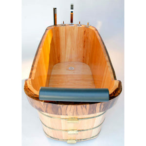 ALFI AB1148 59" Free Standing Wooden Bathtub - rubberwood, with zebra wood trim with chrome accents, three electroplated iron wraps with black and gold paint with Chrome Tub Filler, with padded headrest, polished chrome pop-up drain in a white background inside top view