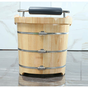 ALFI AB1163 61" Free Standing Wooden Bathtub - three stainless steel metal wraps, Padded headrest with chrome accents in the bathroom side view