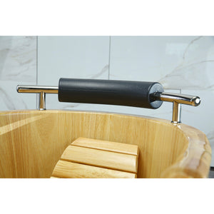 ALFI AB1163 61" Free Standing Wooden Bathtub - three stainless steel metal wraps, Padded headrest with chrome accents and backrest in the bathroom close up view