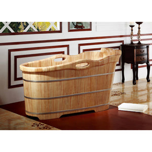 ALFI AB1187 57" Free Standing Rubber Wooden Soaking Bathtub - three electroplated iron wraps with Headrest in the bathroom