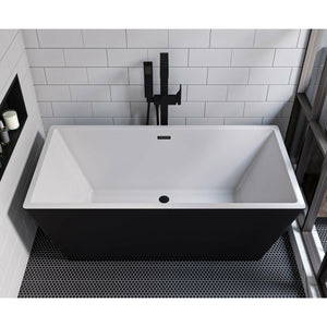 ALFI Single Lever Floor Mounted Tub Filler Mixer with Hand Held Shower Head, flat tub spout black matte finish in a bathroom with bathtub
