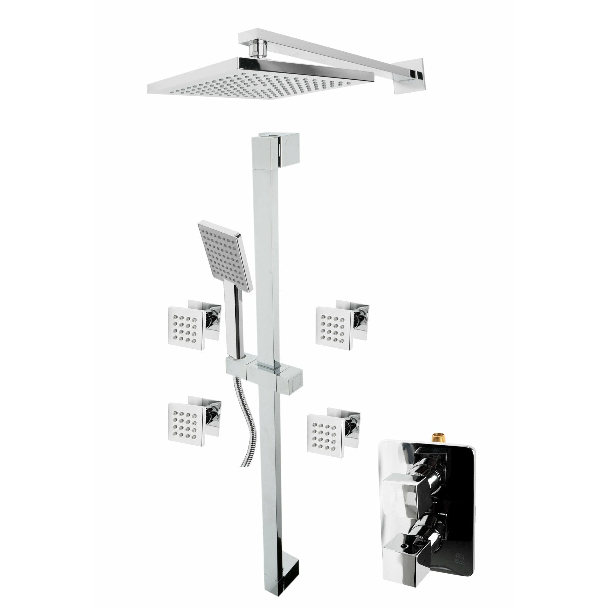 ALFI AB2287-BN Brushed Nickel 3 Way Thermostatic Shower Set with Body Sprays - water diverter, temperature control, rain showerhead, handheld showerhead, and 4 adjustable body jets with modern squared edges in a white background