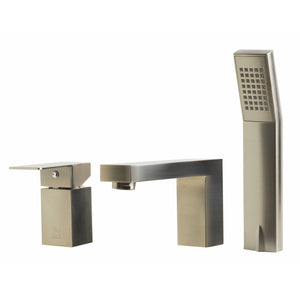 ALFI AB2322 3 Hole Deck Mounted Tub Filler with Hand Held bushed nickel solid brass construction in a white background